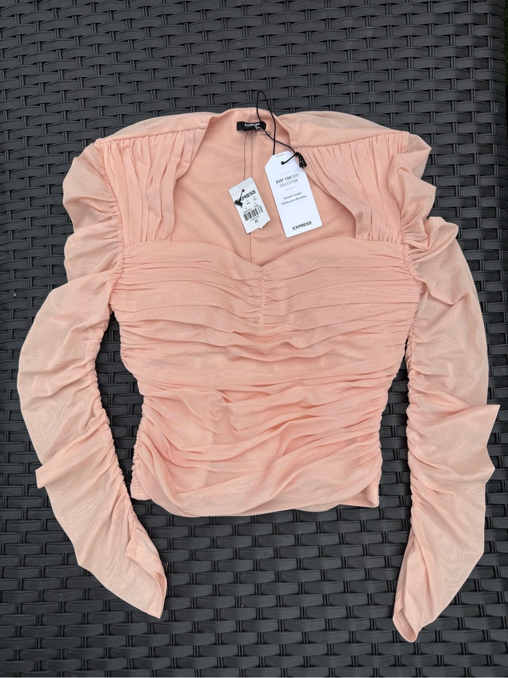Express NWT XS Women's Peach Pink Body Con Ruched Long-Sleeve Mesh Top